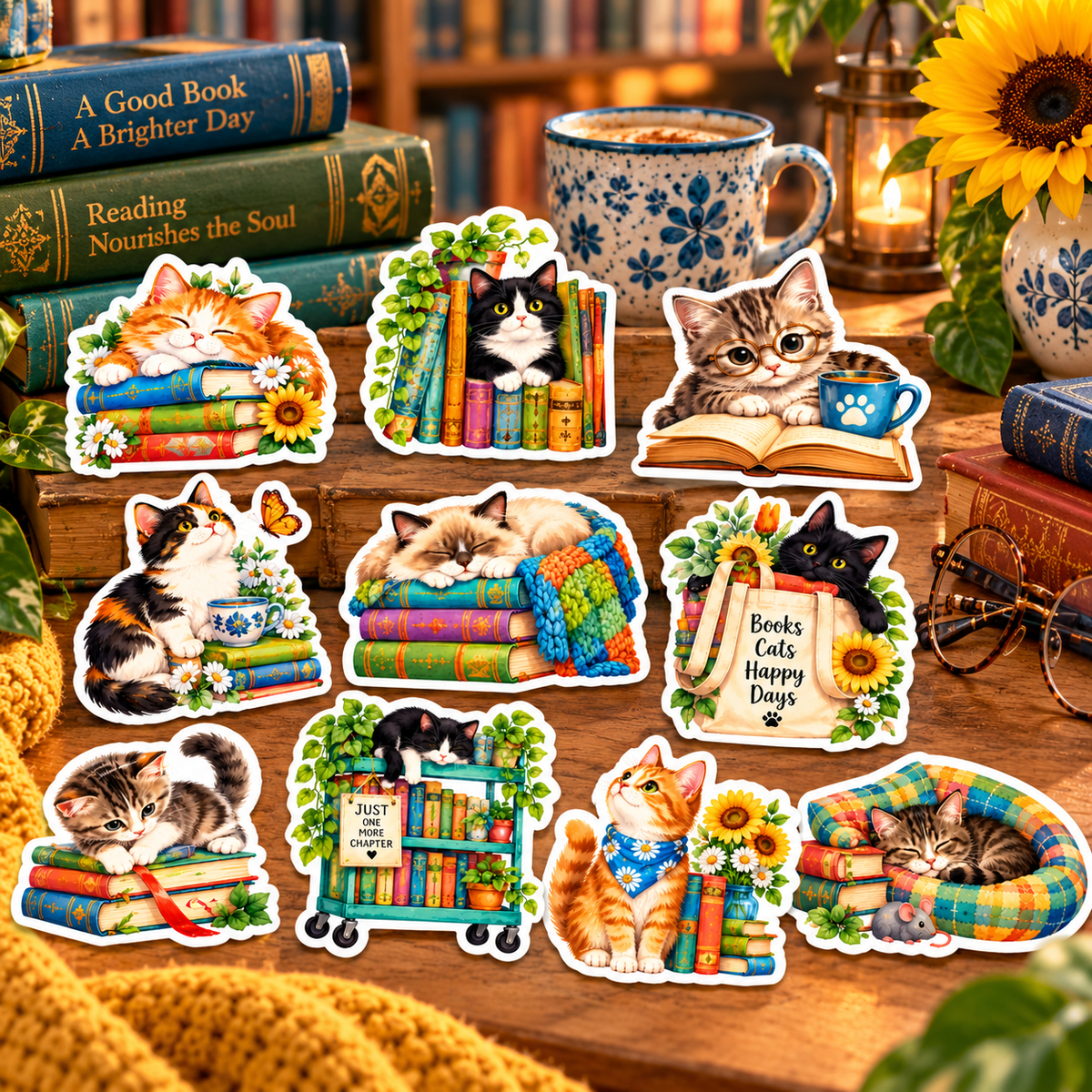 Ten Cozy Cats & Books stickers on cozy bookstore counter