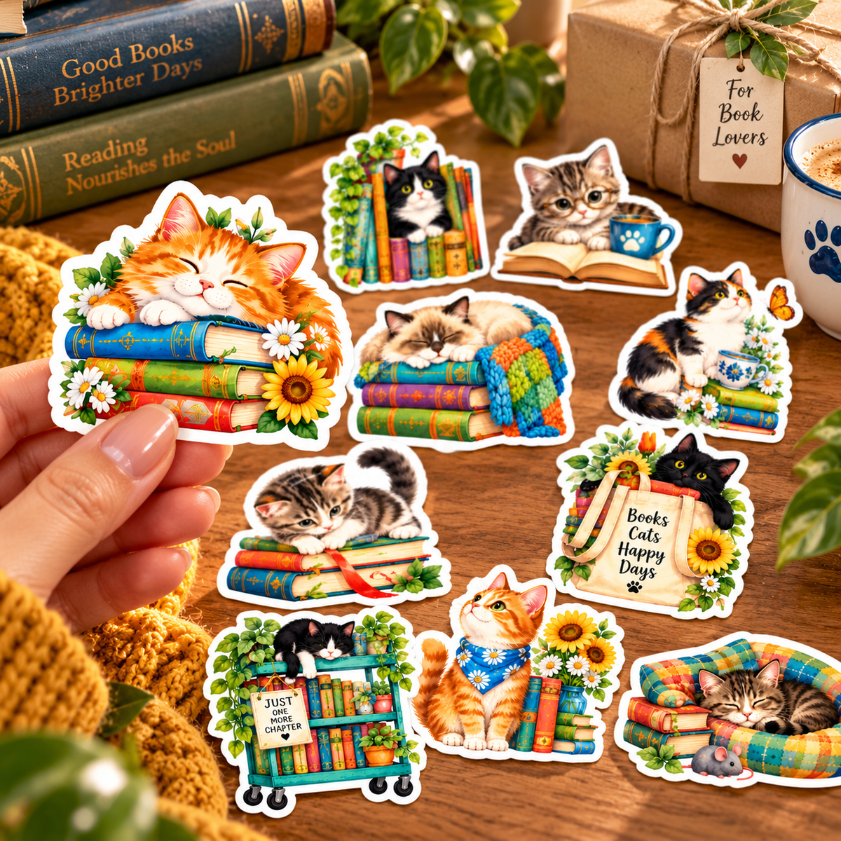 Hand holding orange tabby sticker beside the collection