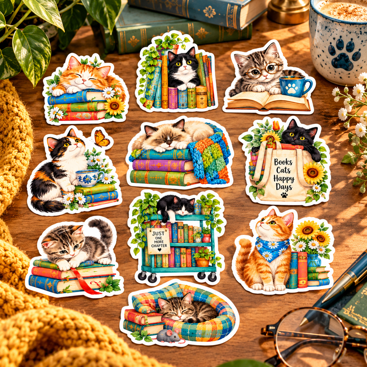 Ten Cozy Cats & Books stickers on a sunlit reading desk