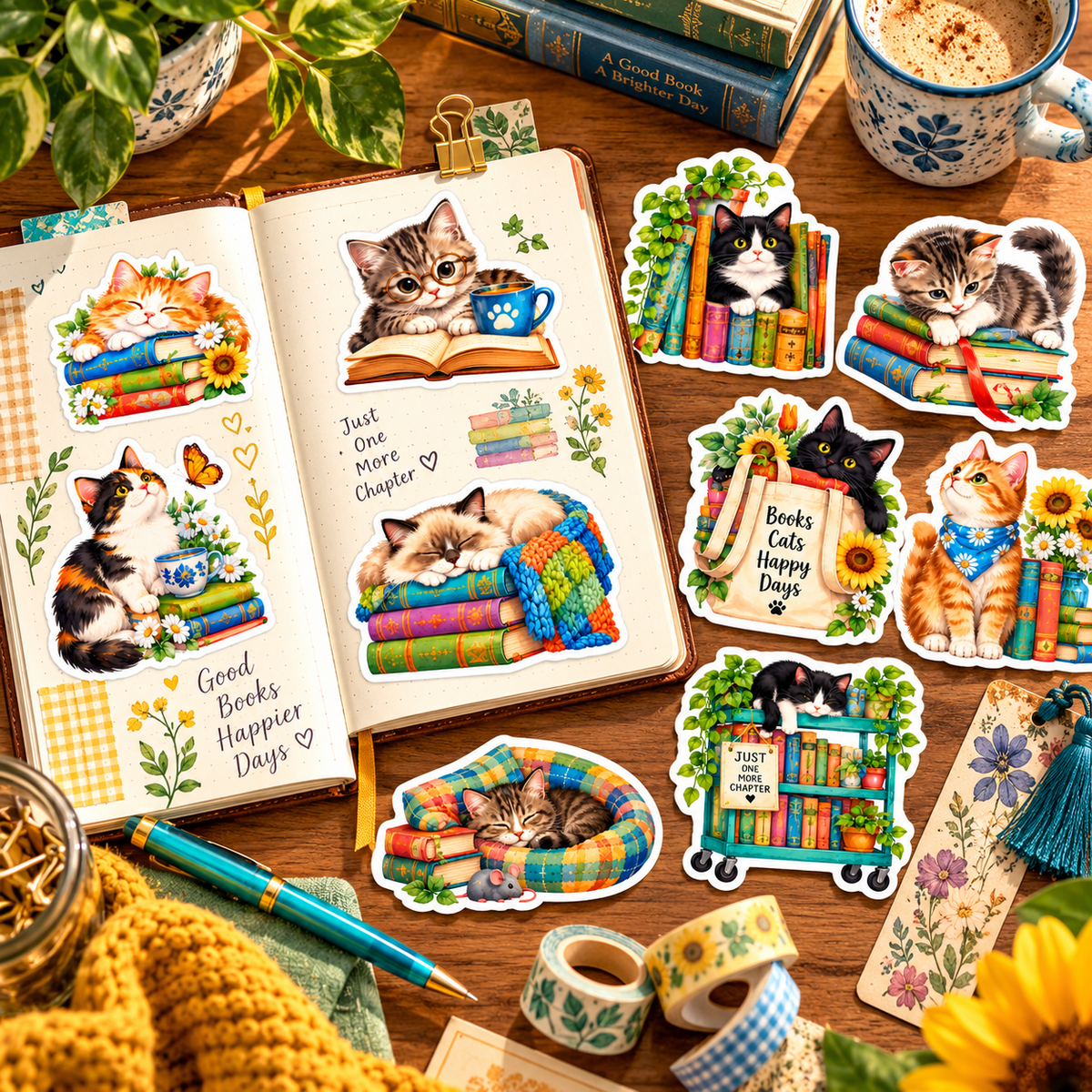 Cozy Cats & Books stickers arranged with reading journal