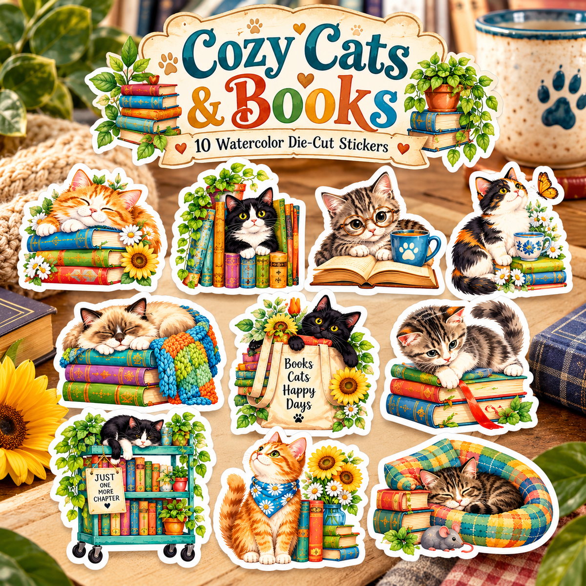 Cozy Cats & Books square cover with 10 watercolor die-cut stickers