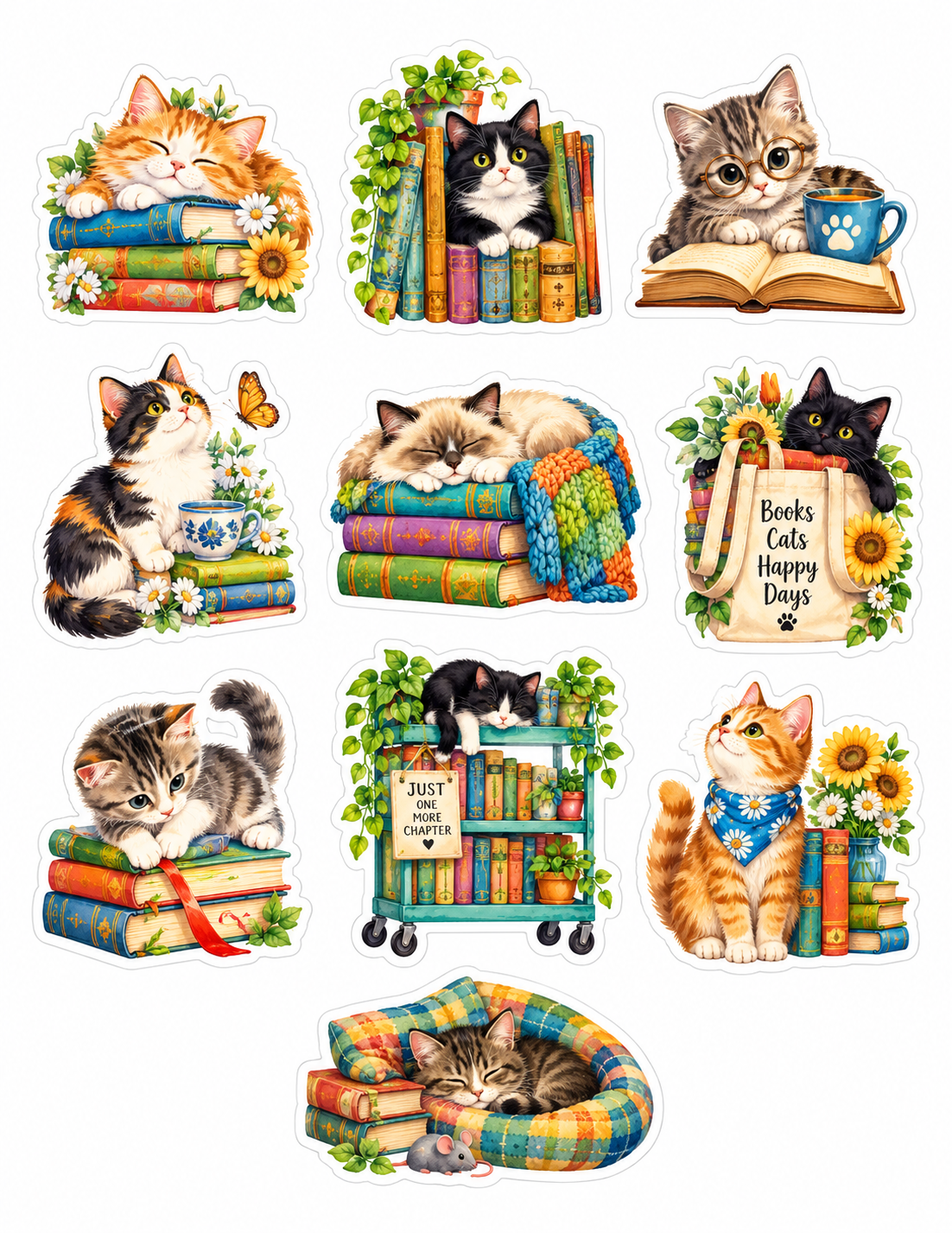 All 10 original Cozy Cats & Books watercolor stickers on white sheet
