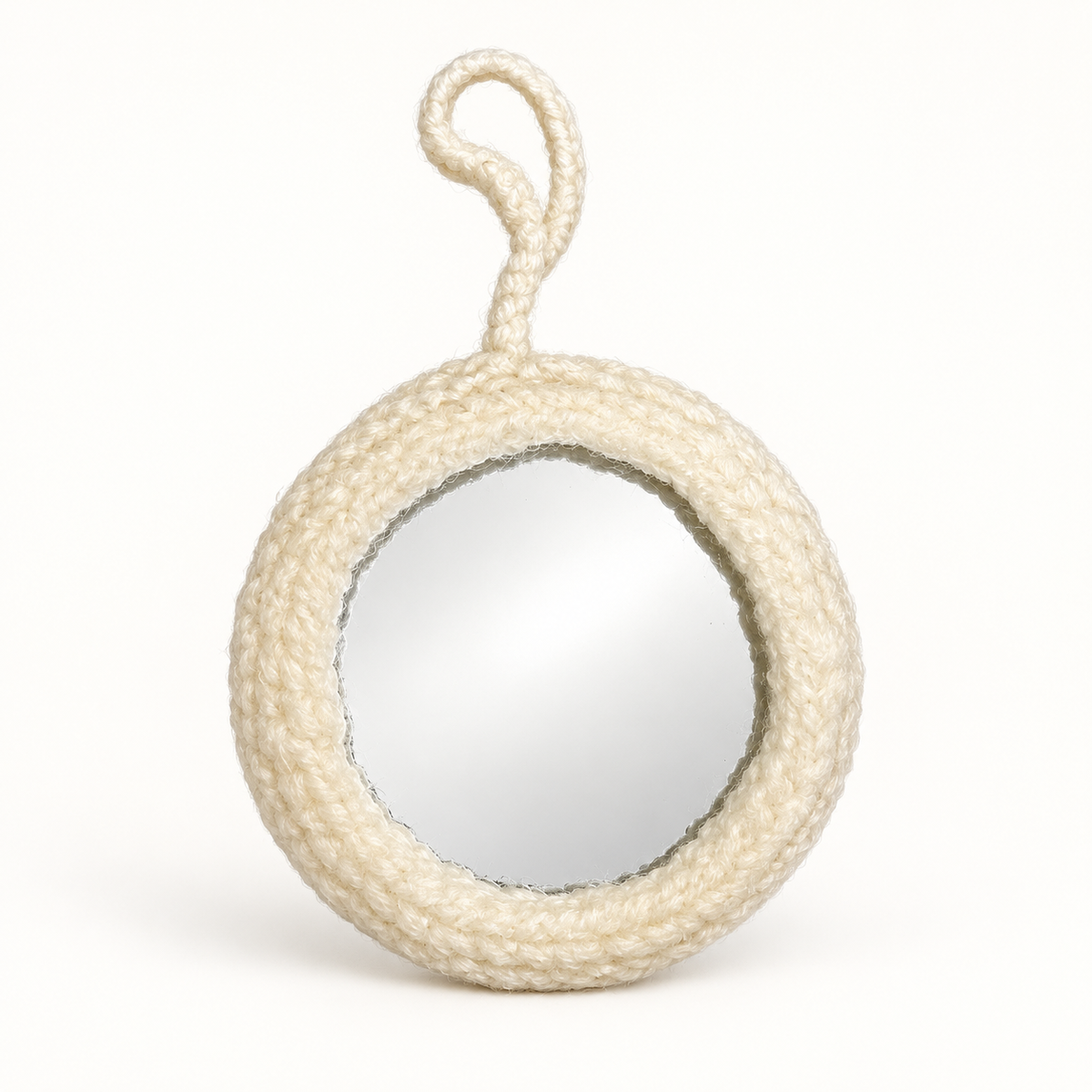 Cream bunny crochet pocket mirror showing mirror side