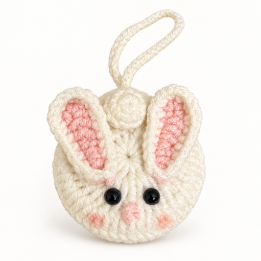 Handmade cream bunny crochet pocket mirror charm front view
