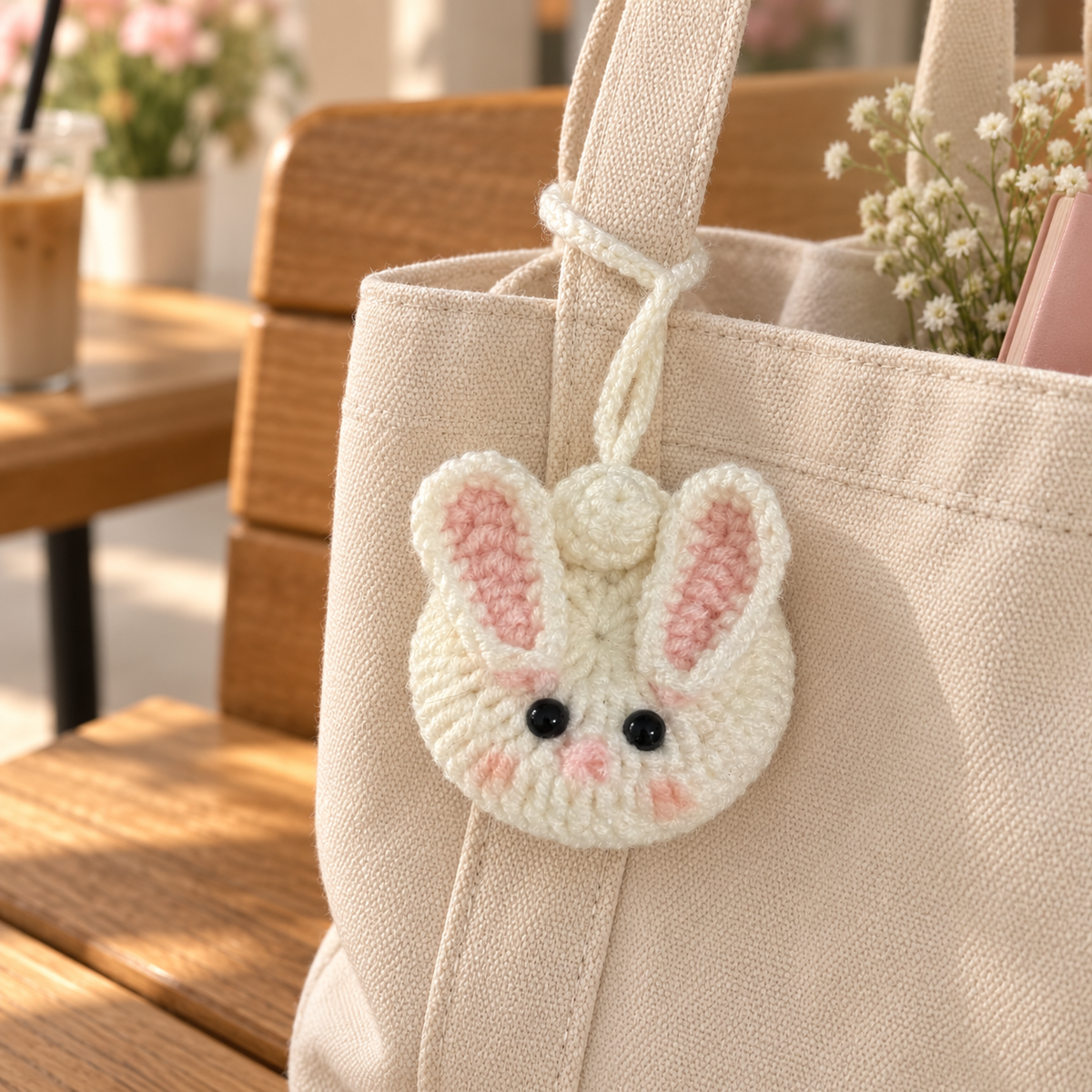 Cream bunny crochet pocket mirror charm attached to a canvas tote
