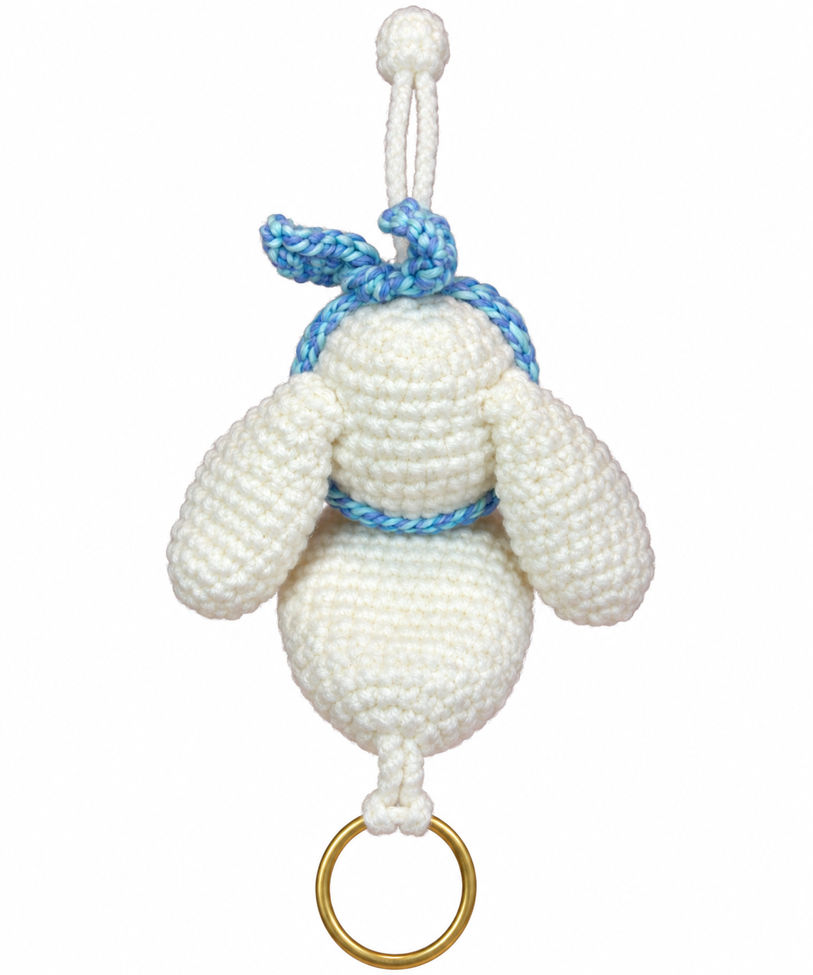 Back view of handmade crochet bunny sliding key holder showing ears, blue headband and pull cord