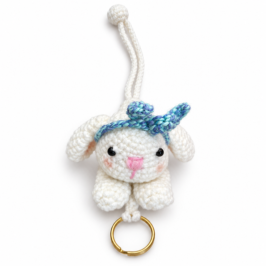 Handmade crochet bunny sliding key holder bag charm front view