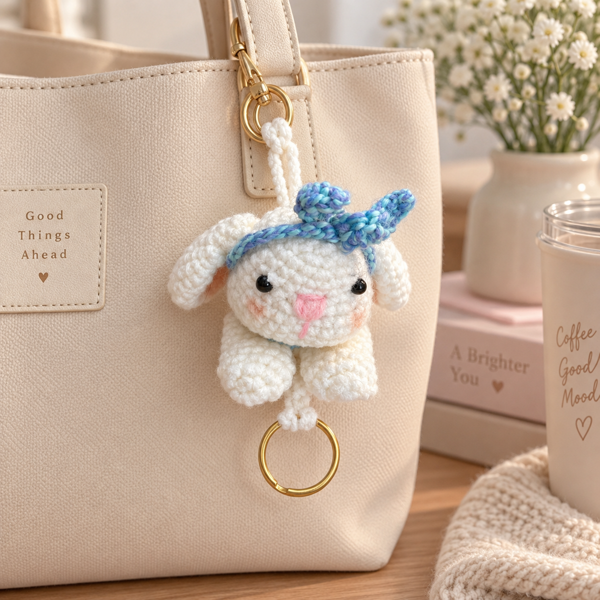 White crochet bunny sliding key holder hanging from a neutral handbag
