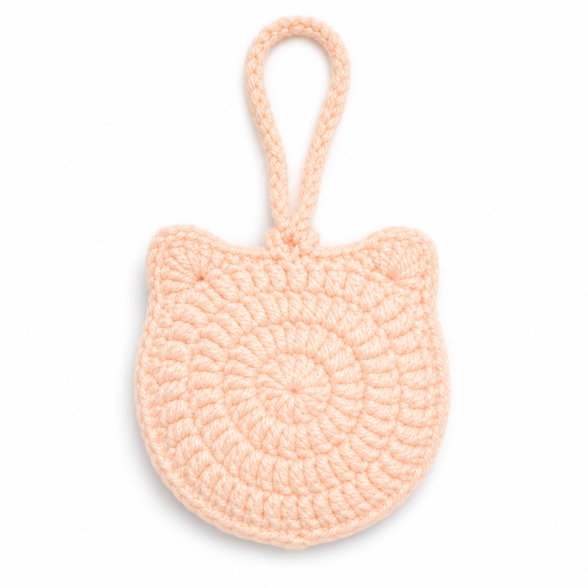 Handmade peach crochet cat mini pouch back view