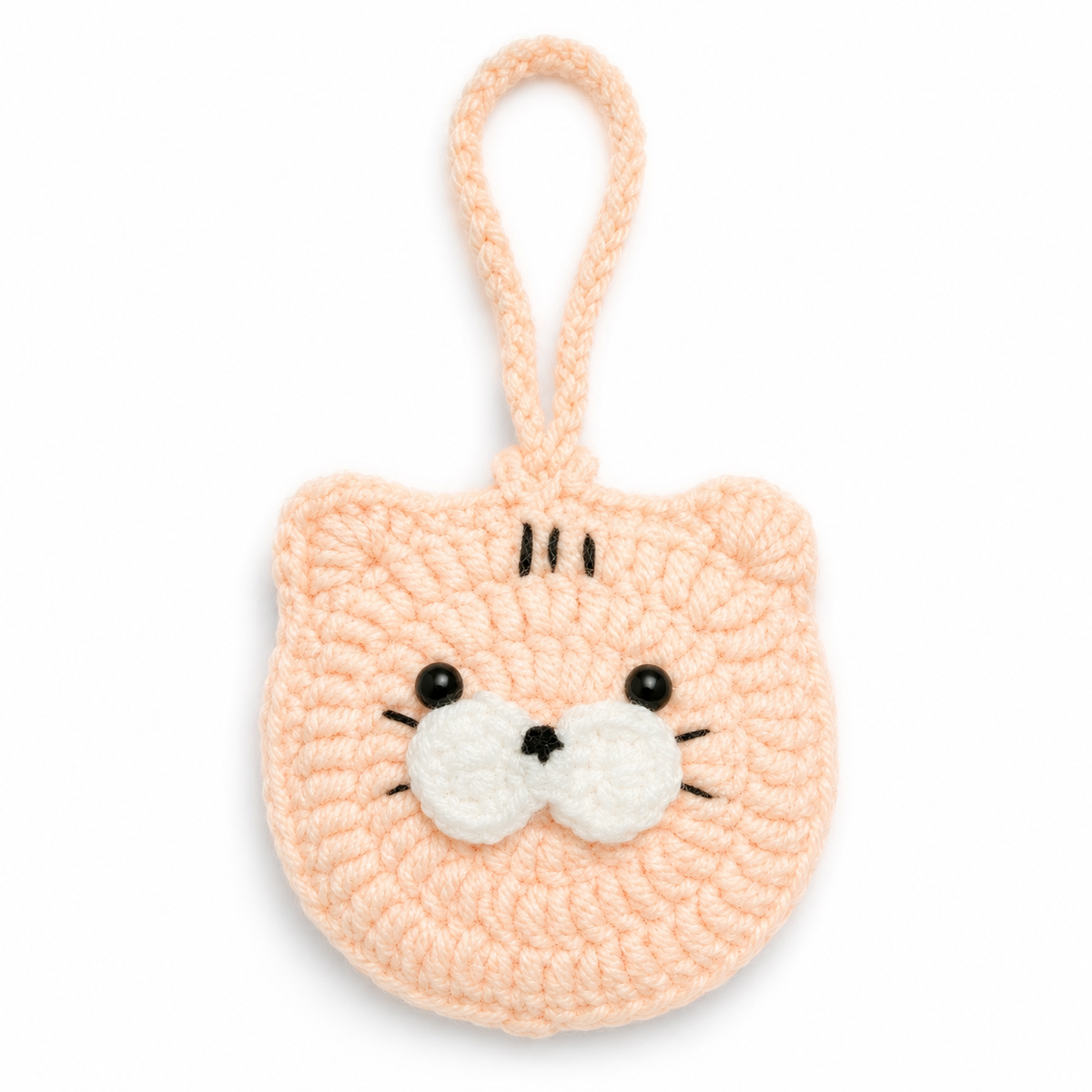 Handmade peach crochet cat mini pouch front view
