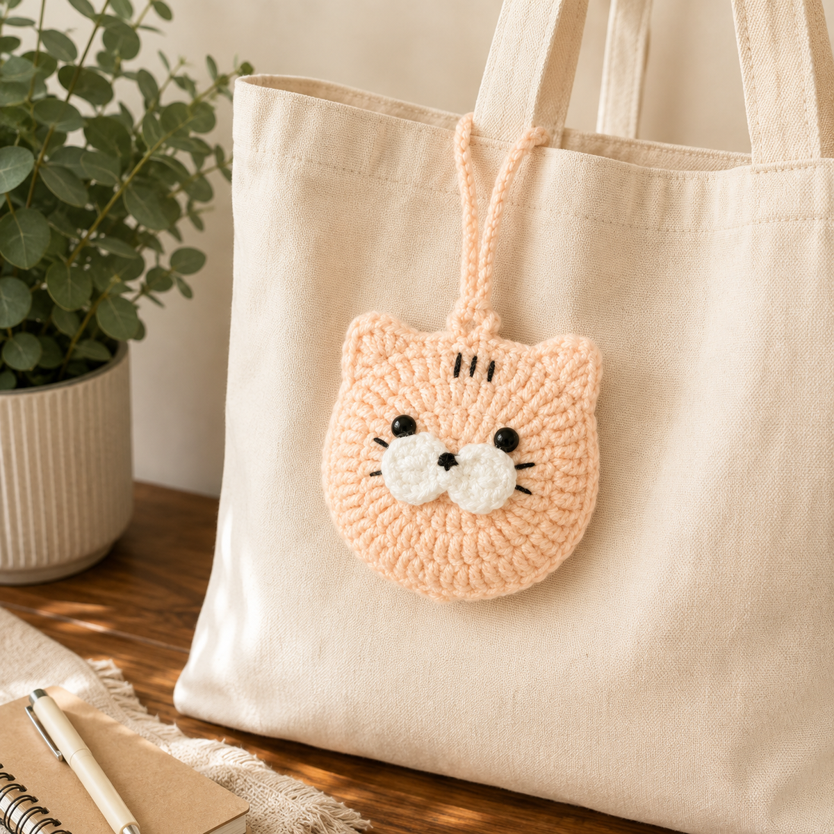 Handmade peach crochet cat mini pouch attached to a neutral canvas tote