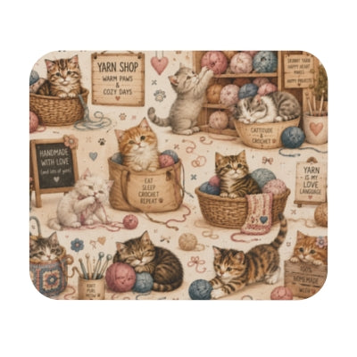 Crochet cats mouse pad with kittens, yarn and crochet-themed artwork