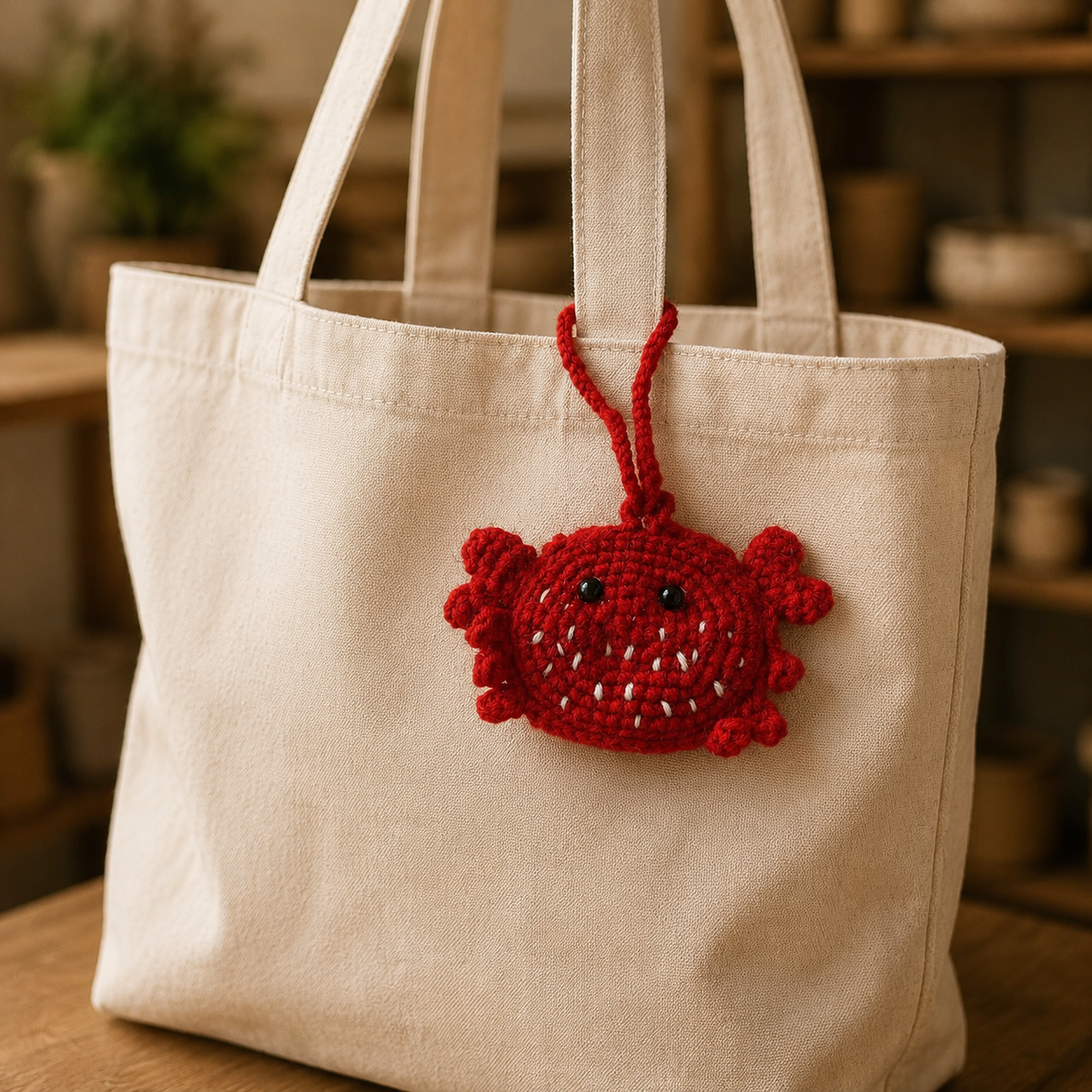 Handmade red crochet crab mini pouch attached to a neutral canvas tote
