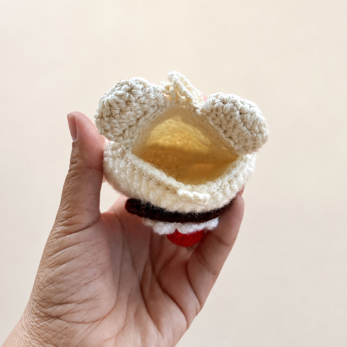 Open empty interior of crochet dessert turtle pouch