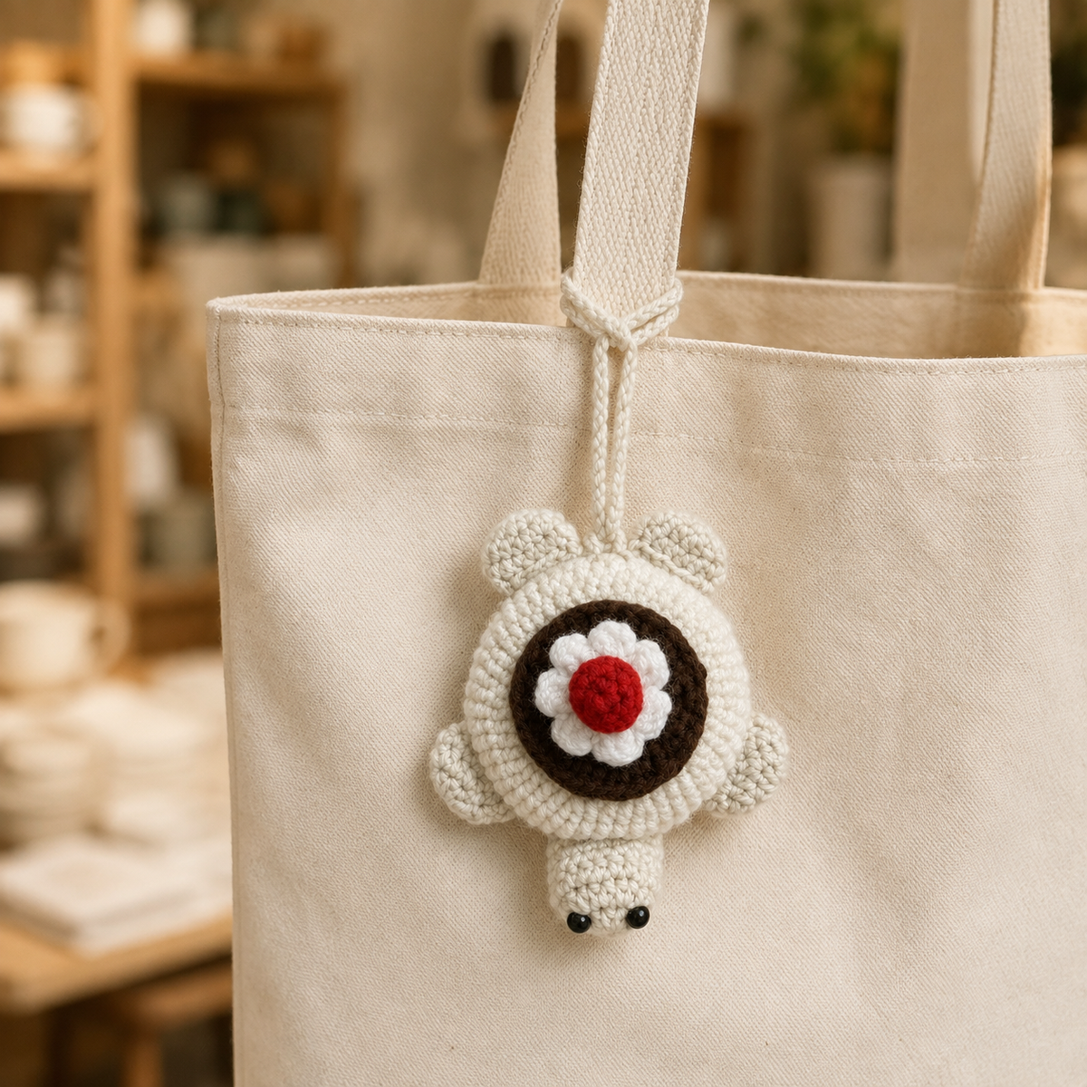 Crochet dessert turtle pouch attached to a canvas tote