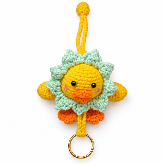 Handmade yellow crochet duck sliding key holder bag charm front view