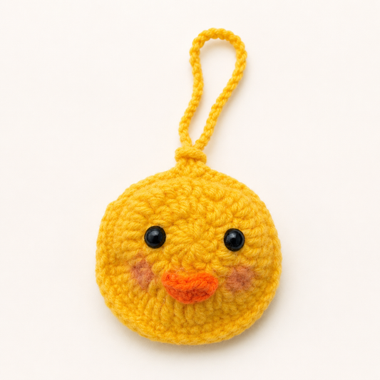 Handmade yellow crochet duck mini pouch front view