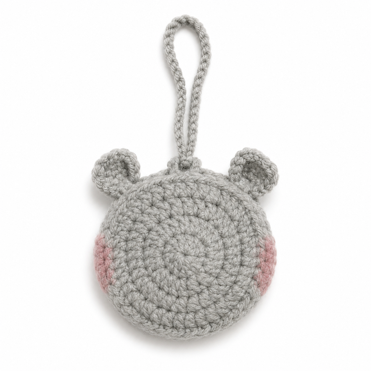 Handmade gray crochet hippo mini pouch back view