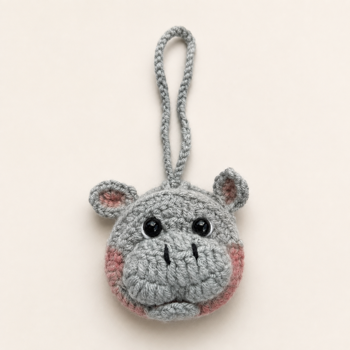 Handmade gray crochet hippo mini pouch front view