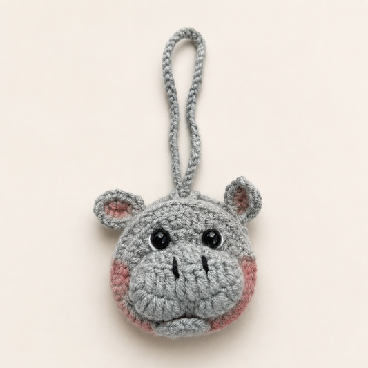 Handmade gray crochet hippo mini pouch front view