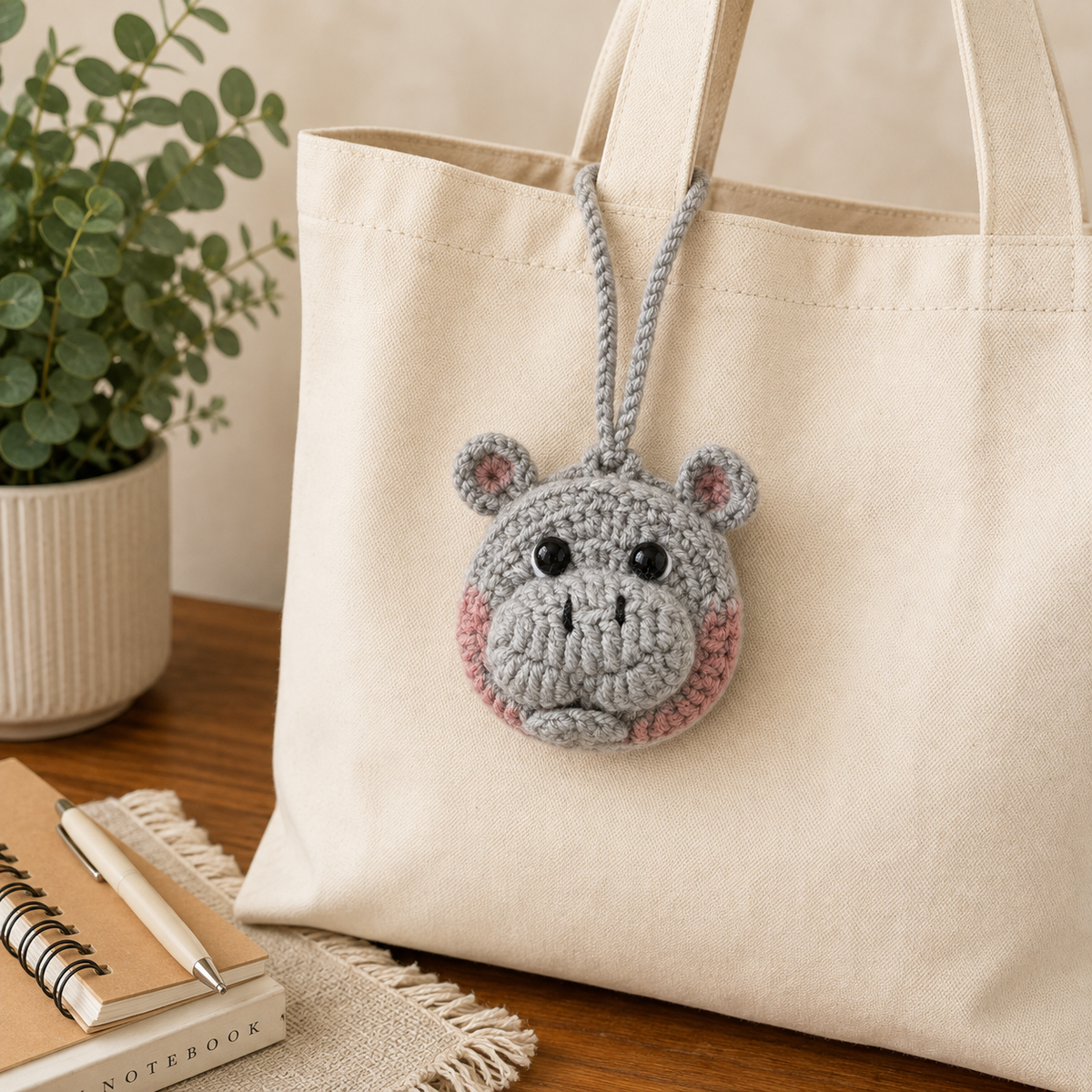 Handmade gray crochet hippo mini pouch attached to a neutral canvas tote