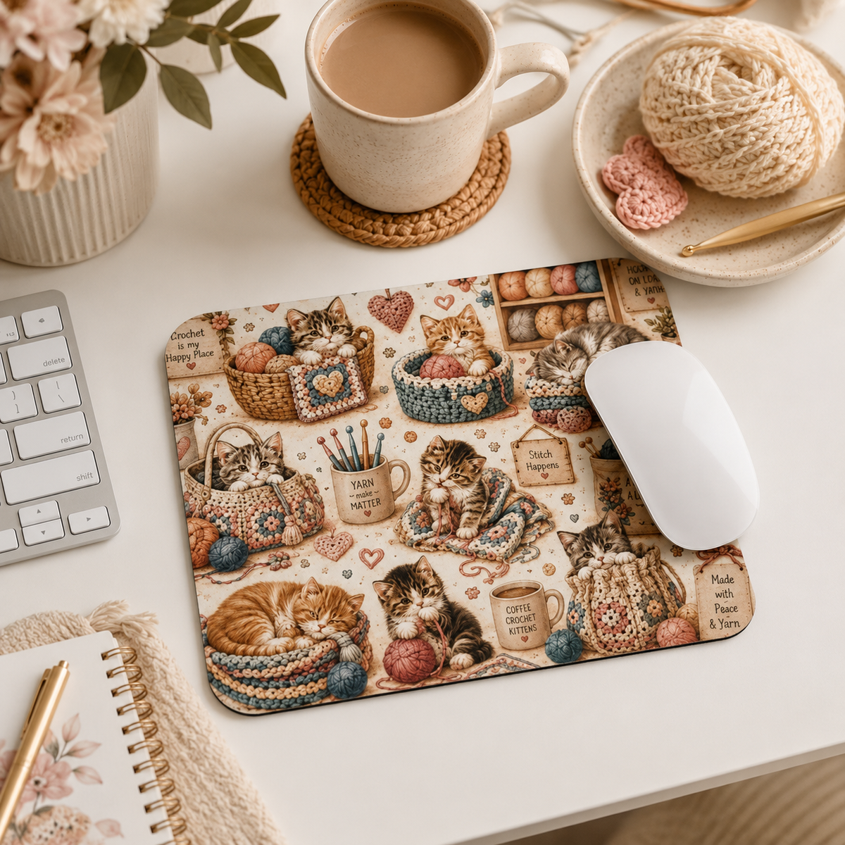 Crochet kittens mouse pad styled on a craft desk with yarn, coffee and notebook