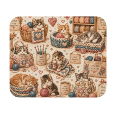 Crochet kittens mouse pad with cats, yarn and crochet baskets