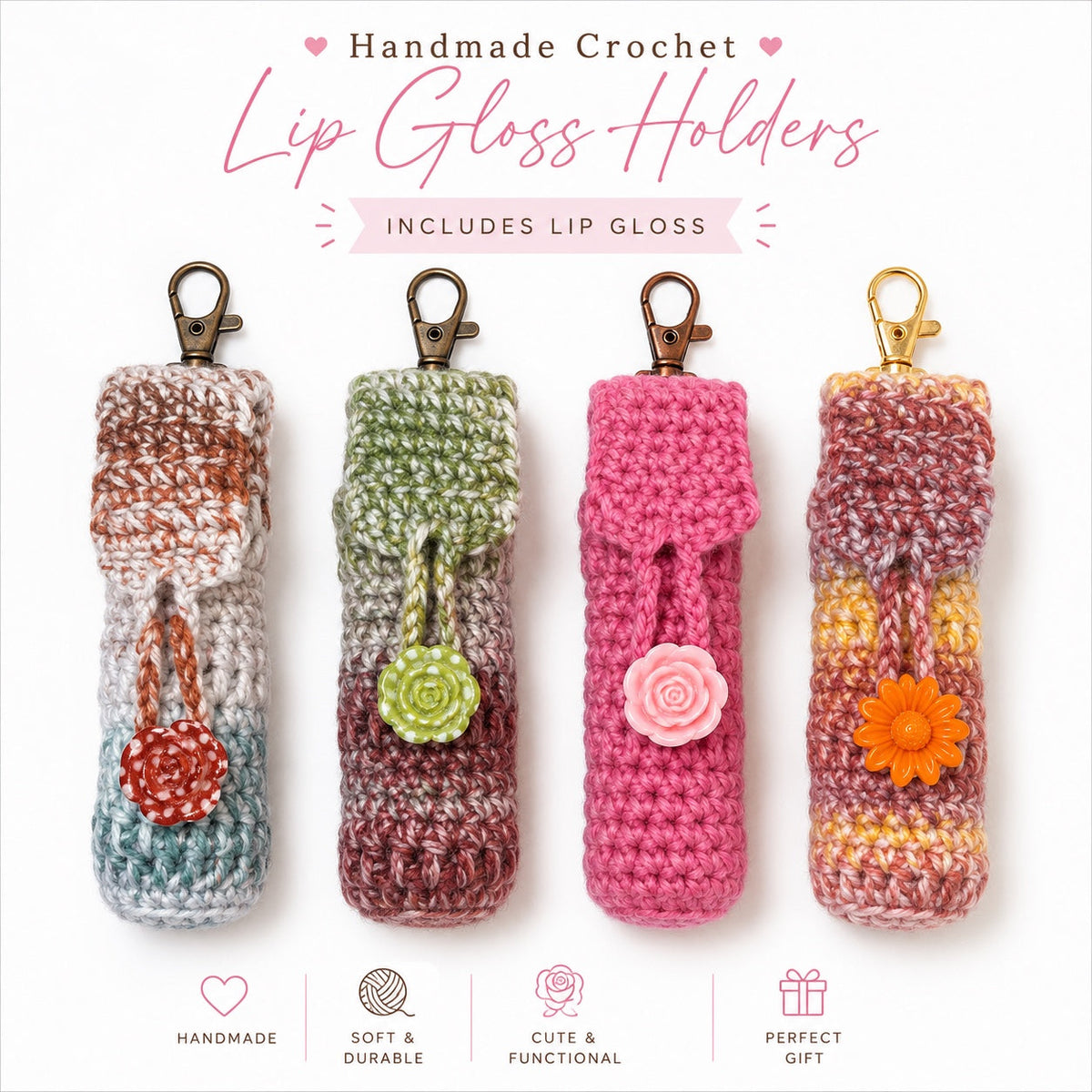 Handmade crochet lip gloss holders collection with four colors and lip gloss included