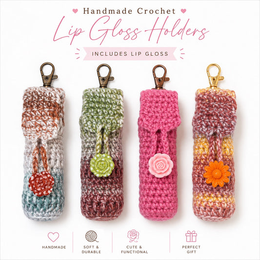 Handmade crochet lip gloss holders collection with four colors and lip gloss included