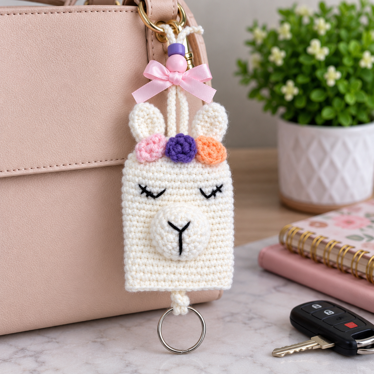 Handmade crochet llama key holder bag charm hanging from a blush handbag