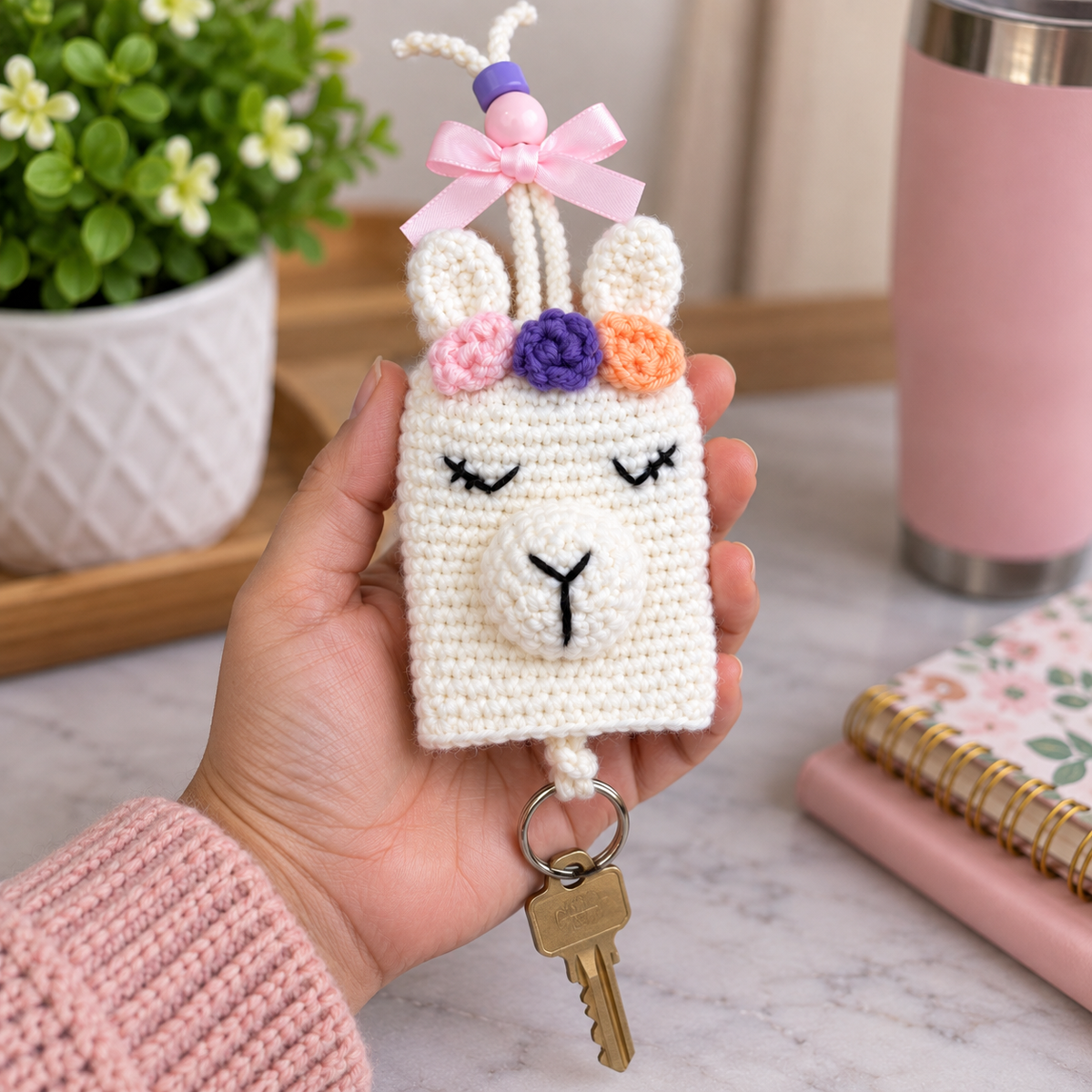 Crochet llama sliding key holder shown in hand with a key attached to the bottom split ring