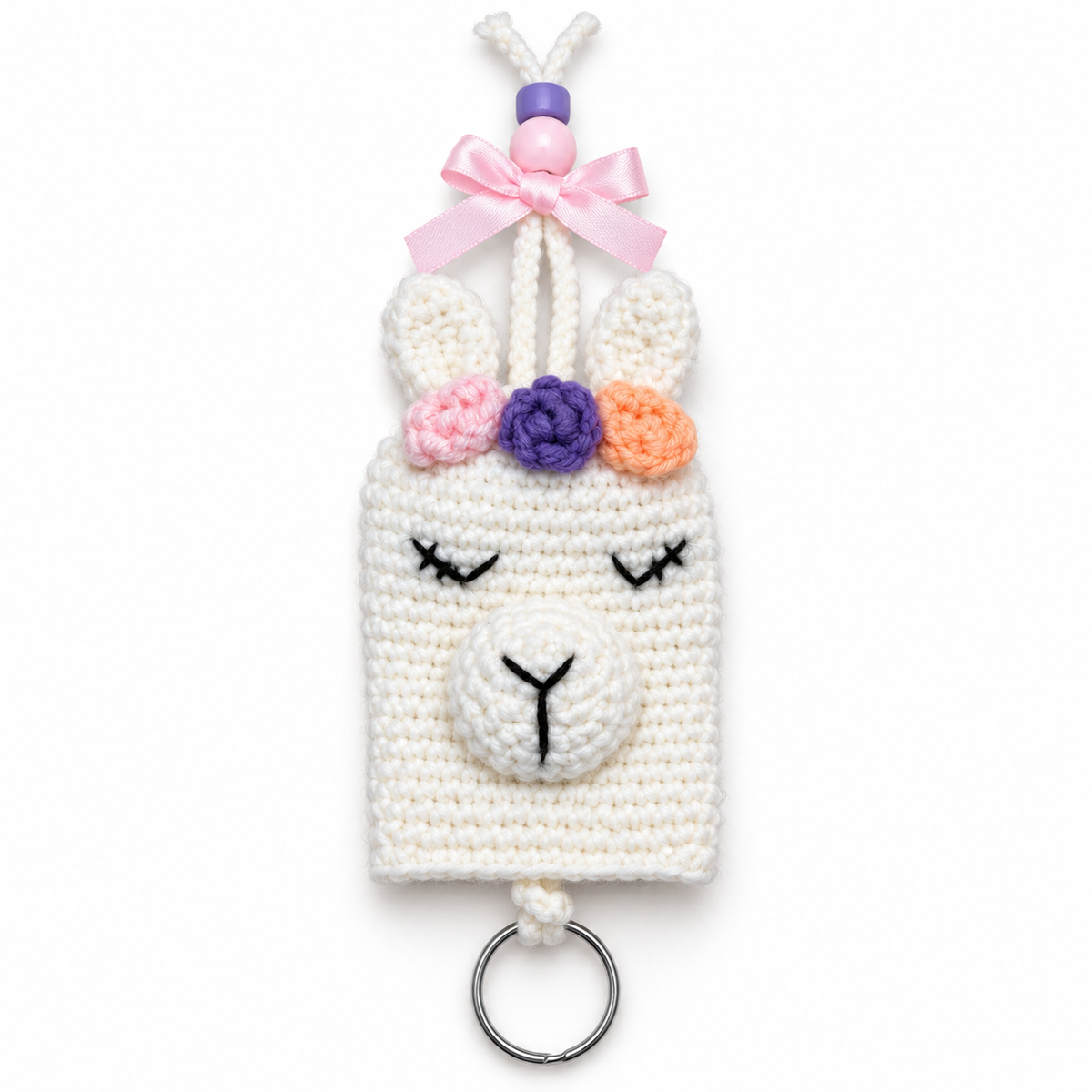 Handmade white crochet llama sliding key holder bag charm front view