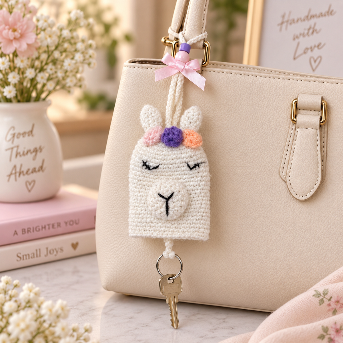 Handmade crochet llama sliding key holder on a cream handbag with key attached