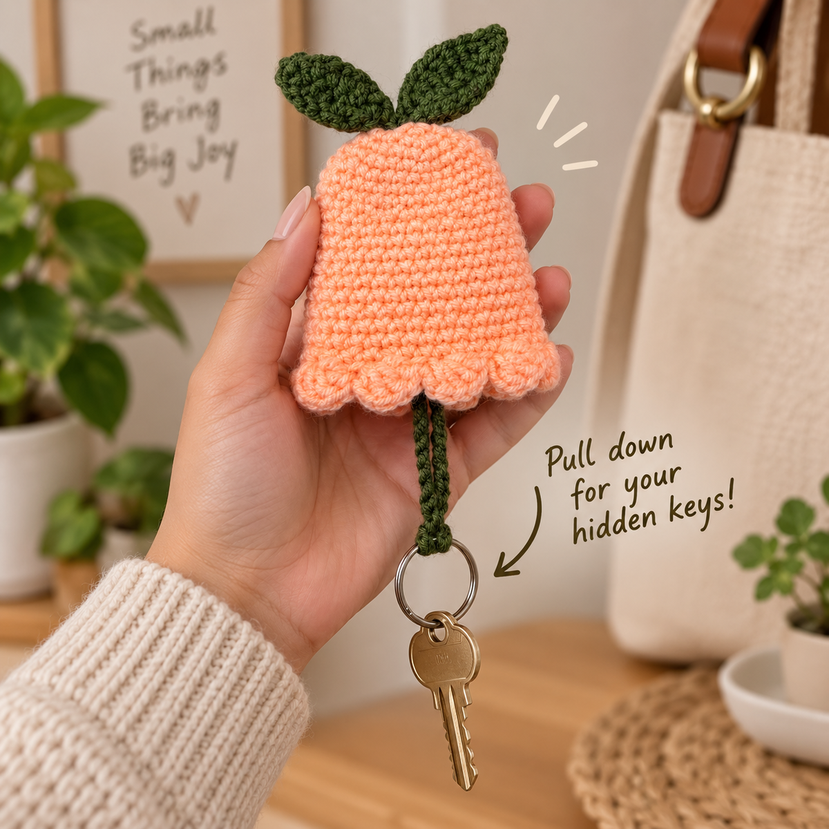 Peach crochet sliding key holder with key attached to pull-down key ring