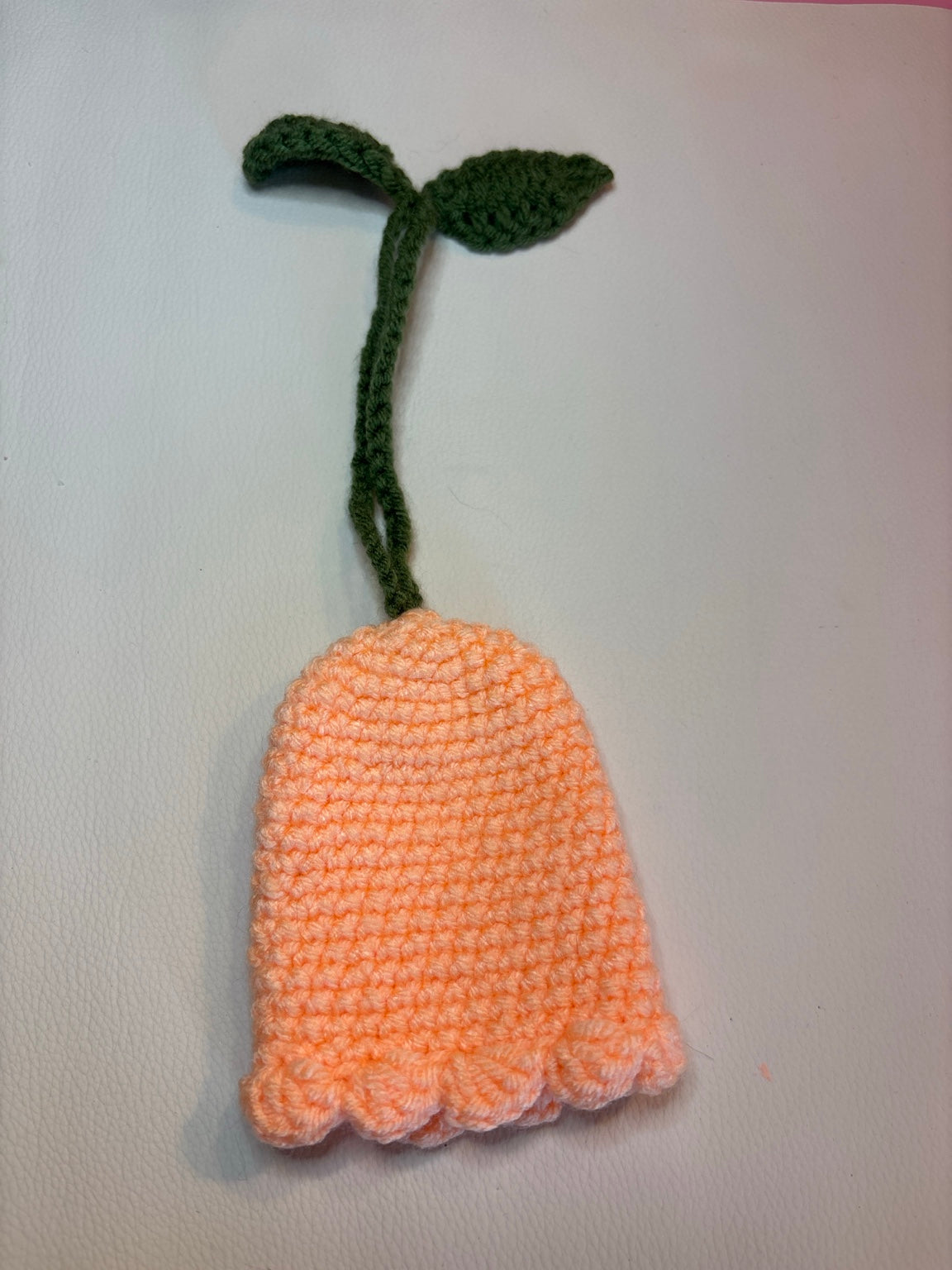 Original handmade crochet peach flower key holder with long green leaf handle