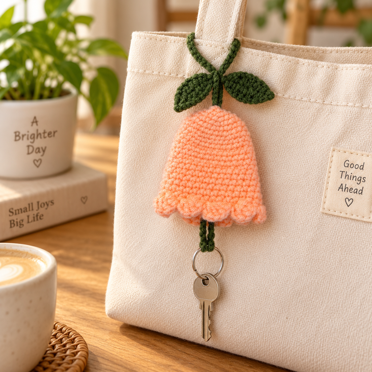 Peach crochet key holder bag charm hanging from a neutral canvas tote