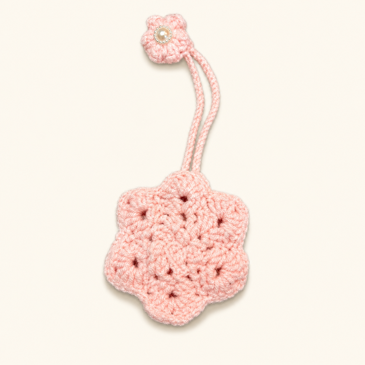 Handmade pink crochet flower key holder bag charm back view