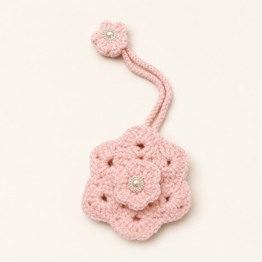 Handmade pink crochet flower key holder bag charm front view
