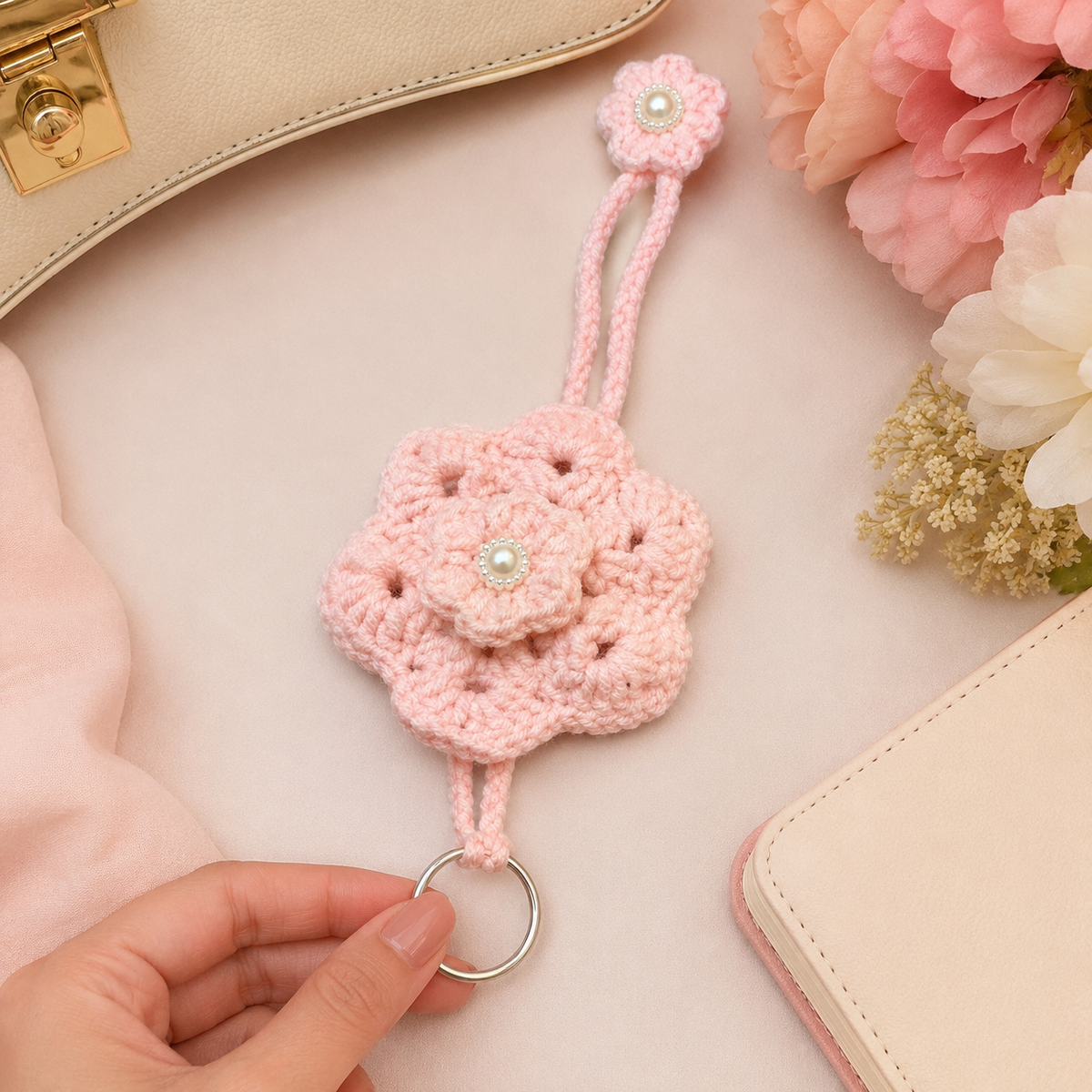 Pink crochet flower key holder bag charm with key ring extended