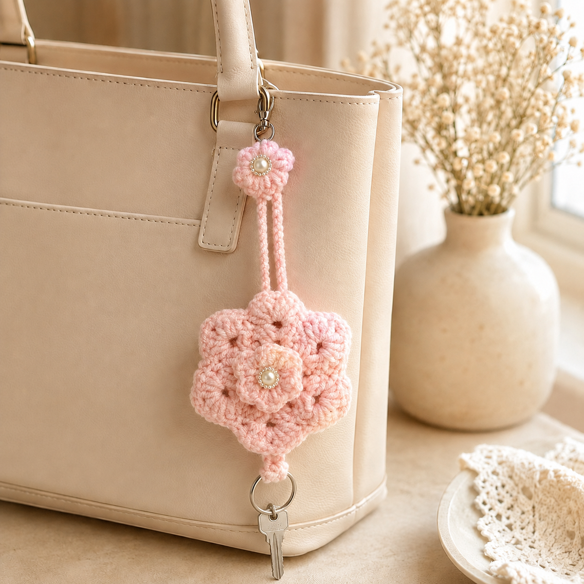 Pink crochet flower key holder bag charm on cream handbag with key attached