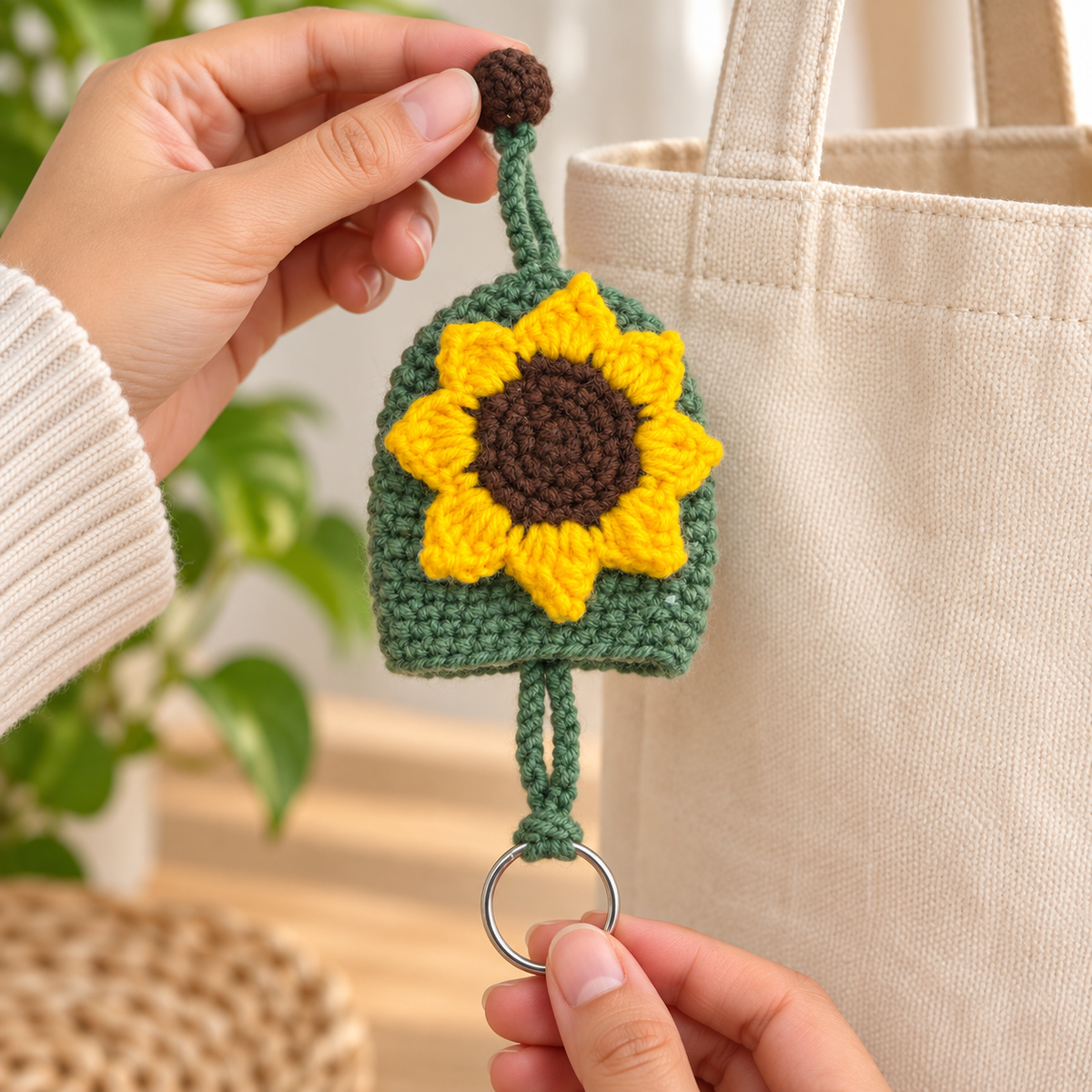 Sunflower crochet sliding key holder with key ring extended to show pull-down function