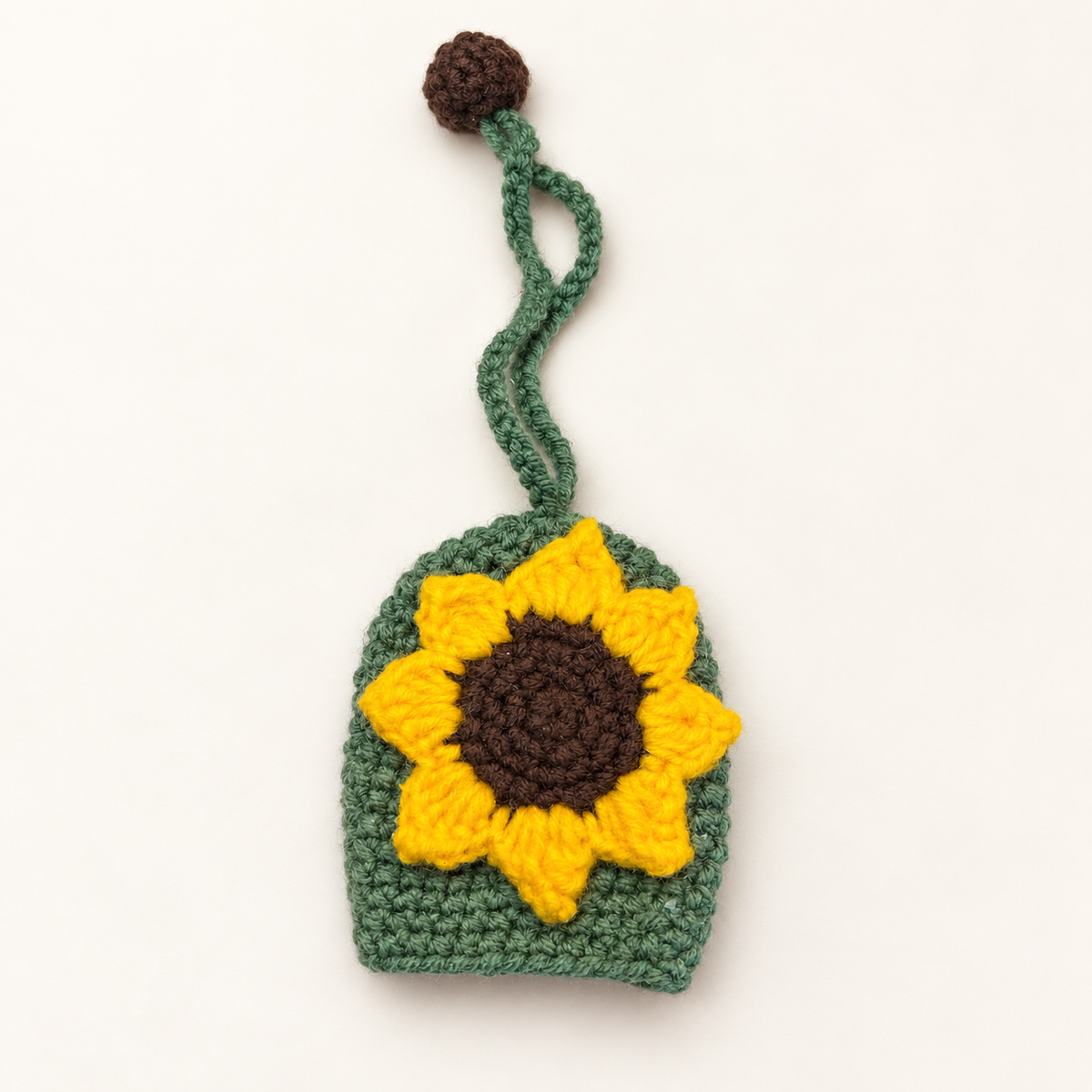 Handmade crochet sunflower sliding key holder bag charm front view