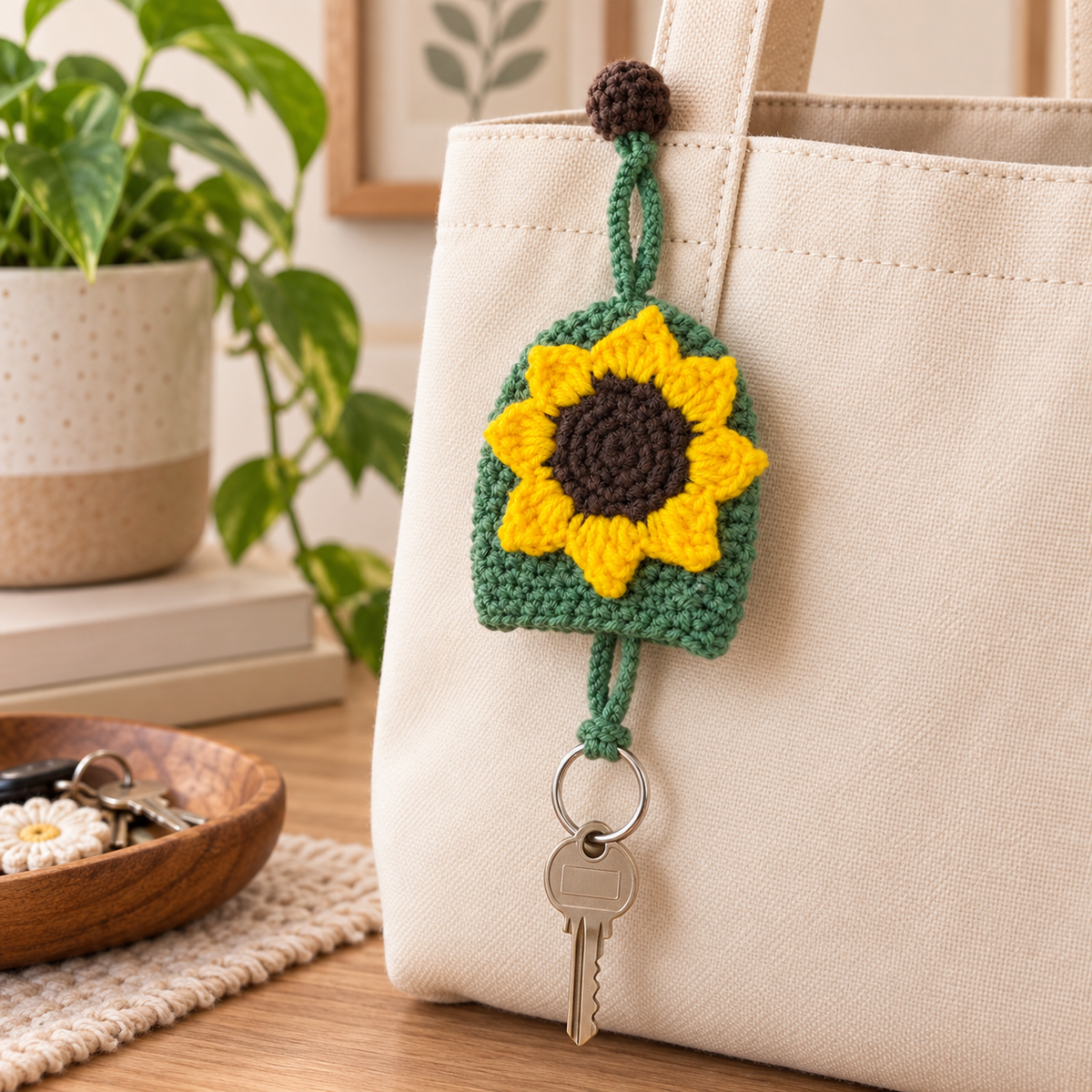 Sunflower crochet sliding key holder bag charm with a key attached to the split key ring