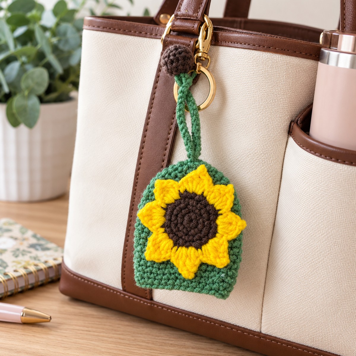 Sunflower crochet key holder bag charm hanging from a neutral tote