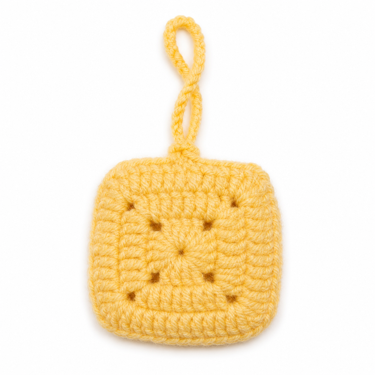 Handmade yellow crochet flower mini pouch back view