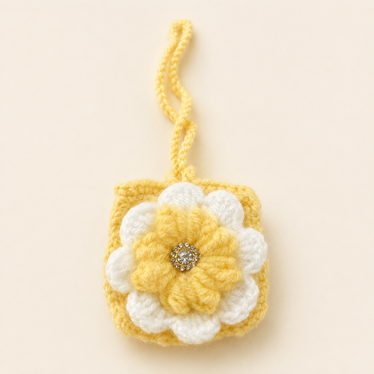 Handmade yellow crochet flower mini pouch front view