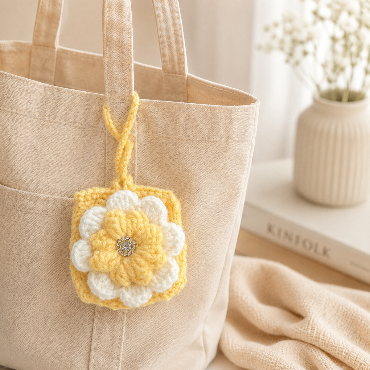 Handmade yellow crochet flower mini pouch attached to a neutral canvas tote