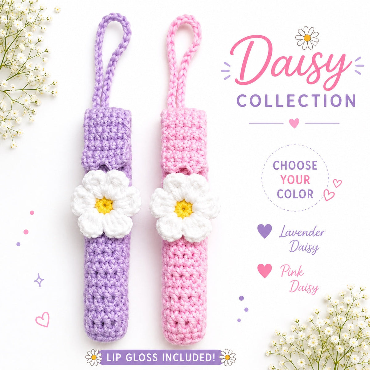 Daisy Collection handmade crochet lip gloss holders in Lavender Daisy and Pink Daisy