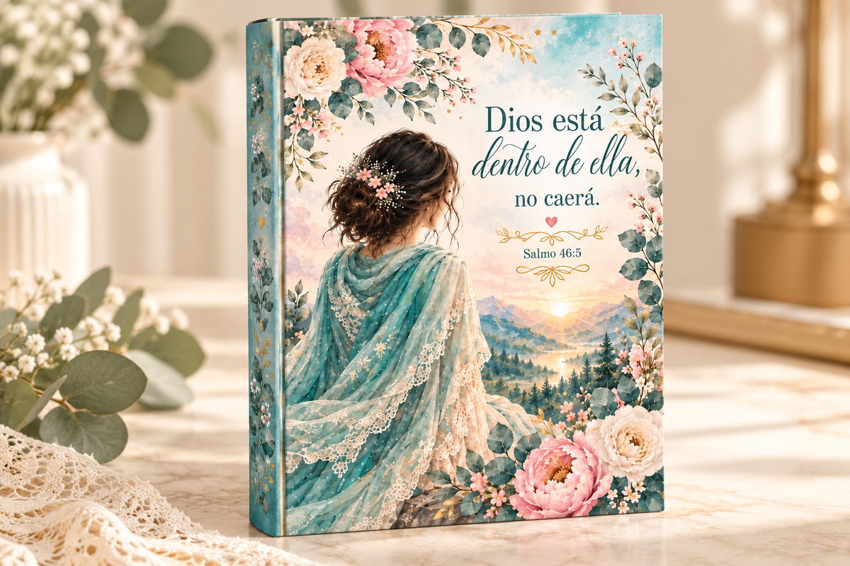 Ejemplo de diario terminado con cubierta española Dios está dentro de ella, vista frontal