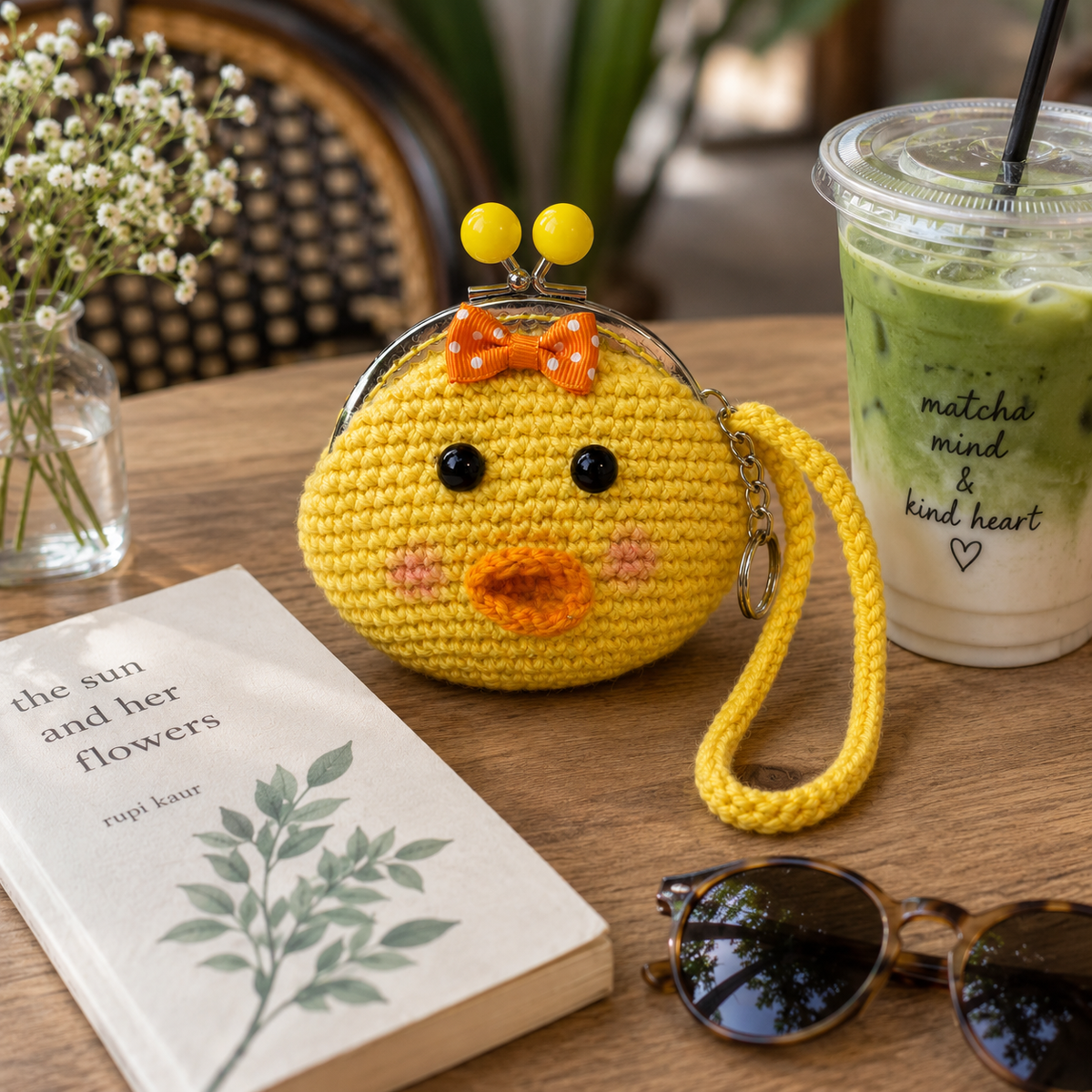 Yellow crochet duck coin purse in a cozy cafe setting